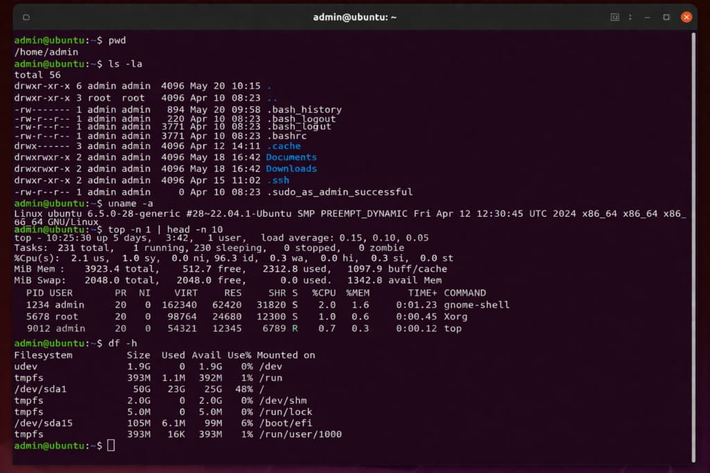 linux commands list terminal example