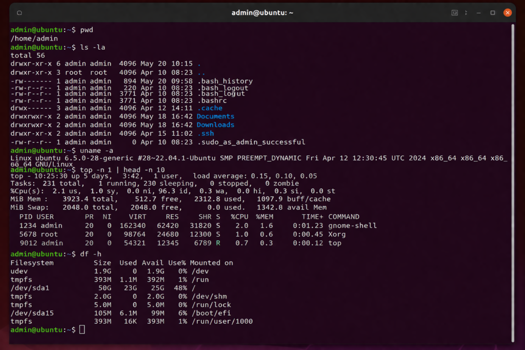 linux commands list terminal example